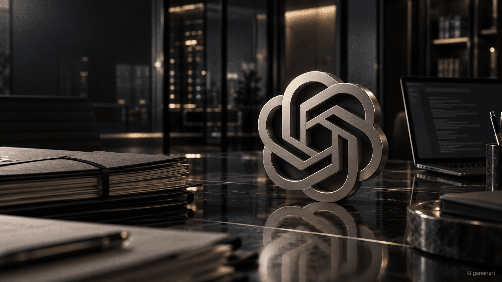 Dark, AI-generated editorial image with a metallic depiction of the OpenAI logo, case files and a laptop. The image illustrates the connection between artificial intelligence and legal work.
